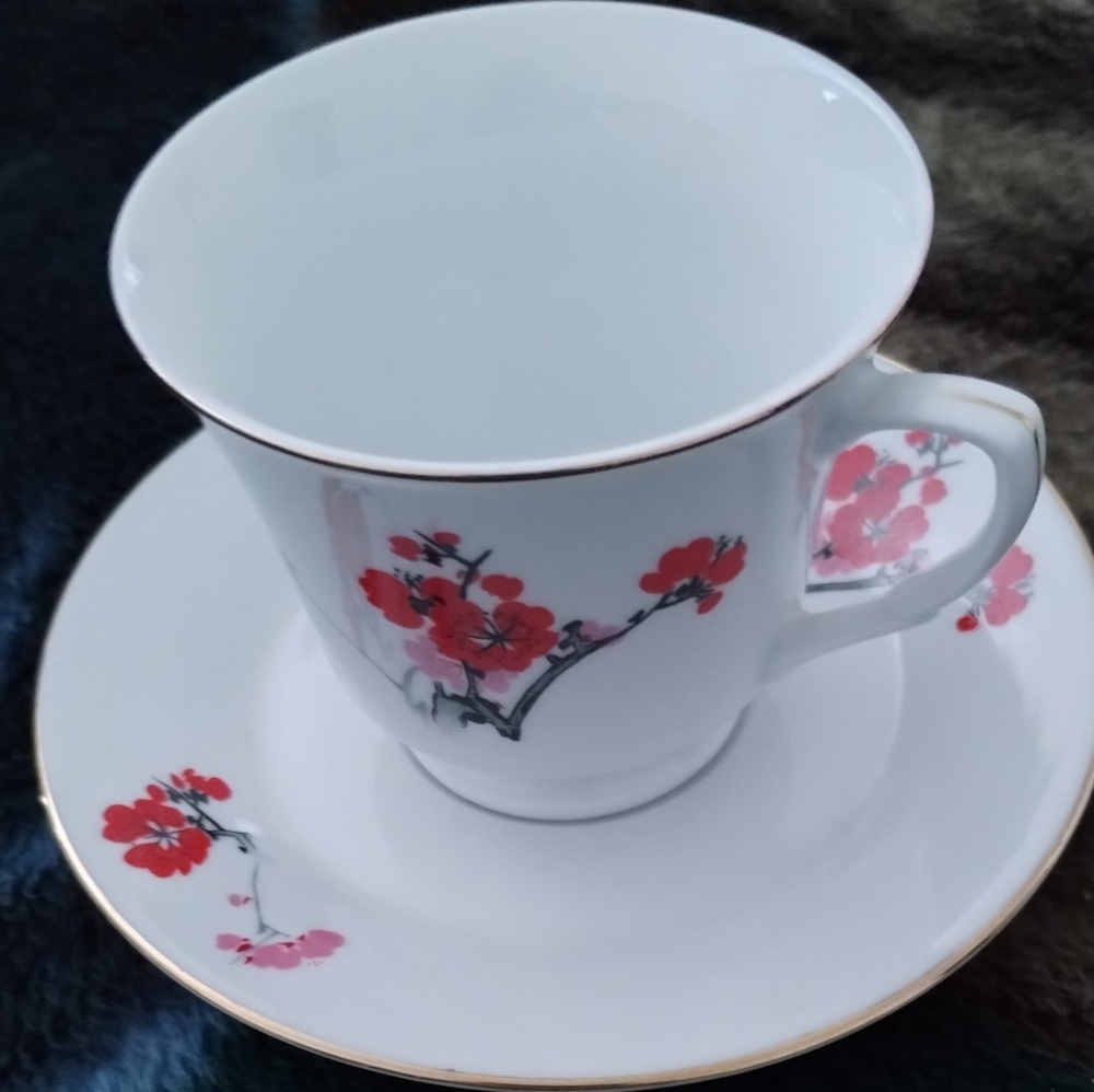 Vintage Chinese Hand-painted Cherry Blossom Teacup and Saucer with Gold Trim